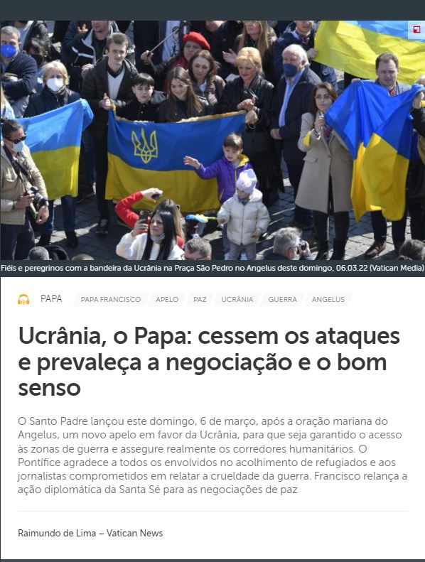 Ucrânia: Papa Francisco pede que cessem os ataques e prevaleça a